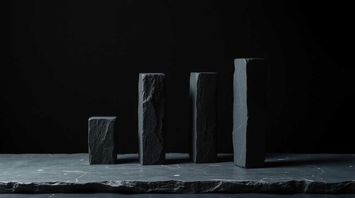Quattro pilastri di pietra scura con luce radente, metafora dei quattro elementi dell'E-E-A-T
