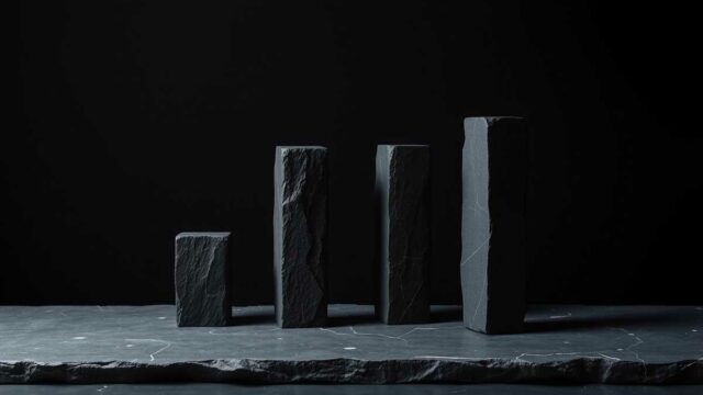 Quattro pilastri di pietra scura con luce radente, metafora dei quattro elementi dell'E-E-A-T