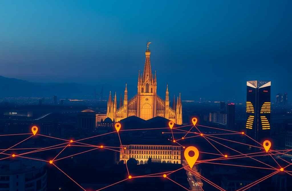 SEO locale a Milano: skyline con pin di geolocalizzazione e connessioni dati per la visibilità su Google e nelle risposte AI