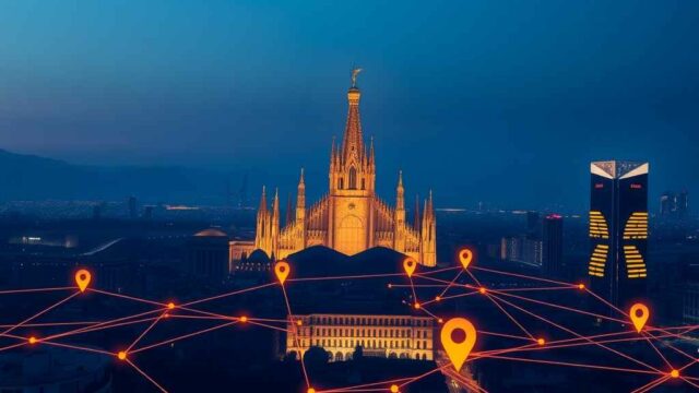 SEO locale a Milano: skyline con pin di geolocalizzazione e connessioni dati per la visibilità su Google e nelle risposte AI